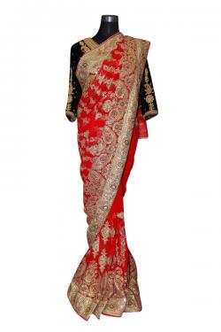 Red Indian Jarsi Chiffon With Golden Glitter & Pearl Embroidered Saree - (AE-030)