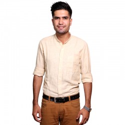 100% Cotton Plain Mandarin Collar Long Sleeve Shirt - Ivory White