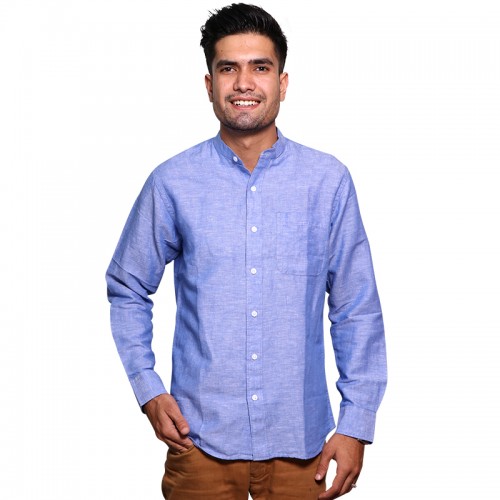 100% Cotton Plain Mandarin Collar Long Sleeve Shirt - Periwrinkle Blue