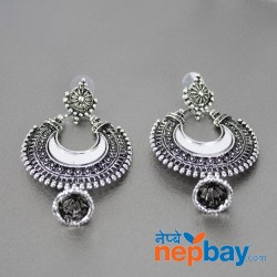 Silver Toned Mirror Embellished Chaandbali Dangle Earrings