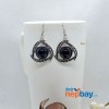Silver/Black Round Stone Adorned Silver Dot Patterned Earrings