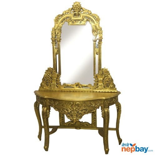 Sheesham Wood Golden Color Carved Console Table With Mirror