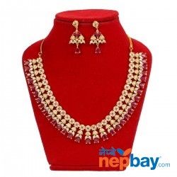 White/Red Stone Embellished Gold Plated Necklace and Earrings Jewelry Set For Women